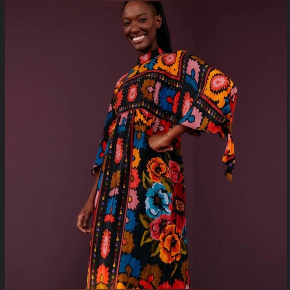 Farm Rio Black Flowers Tapestry Maxi Dress